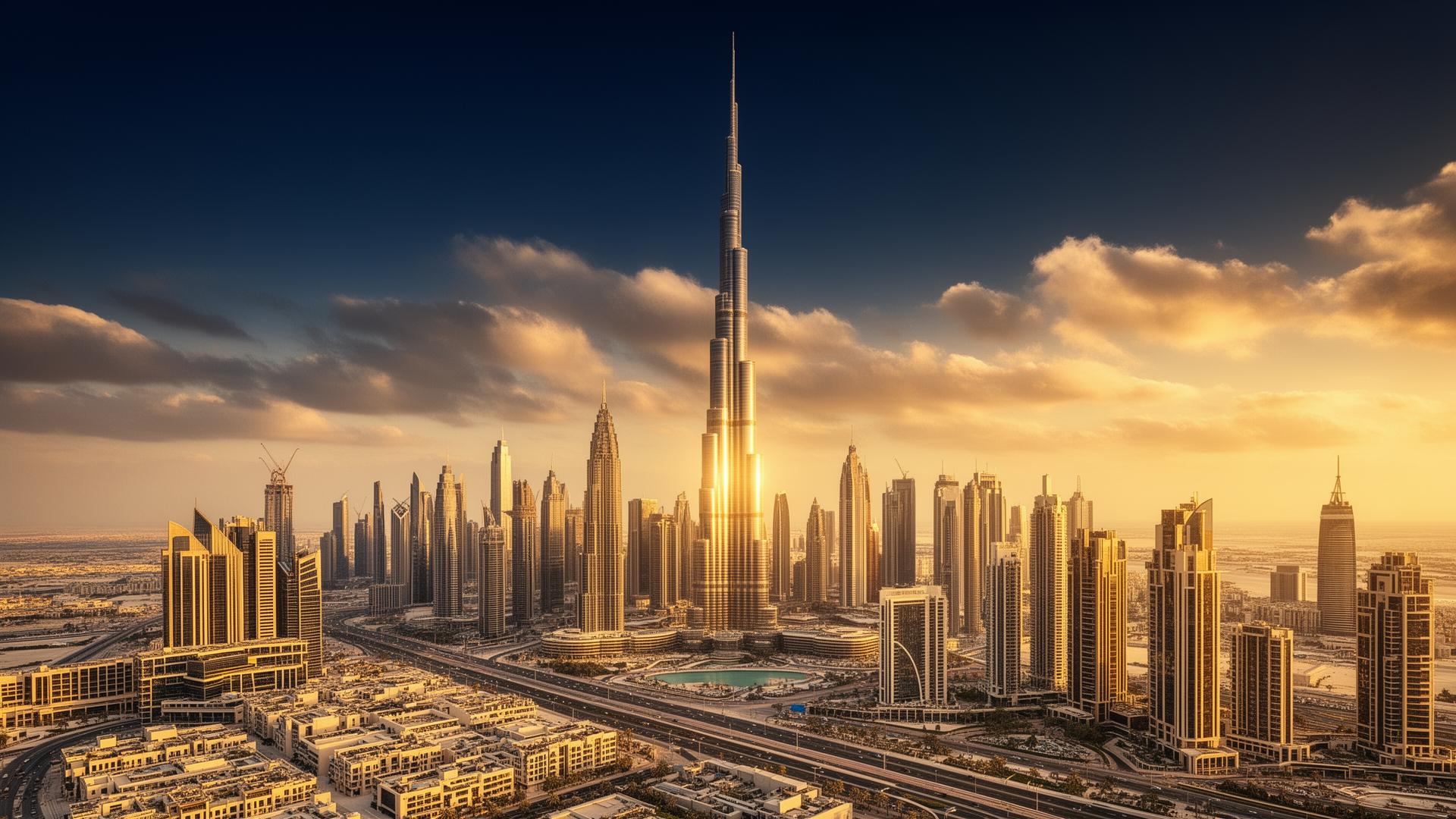 Dubai skyline met Burj Khalifa en moderne wolkenkrabbers